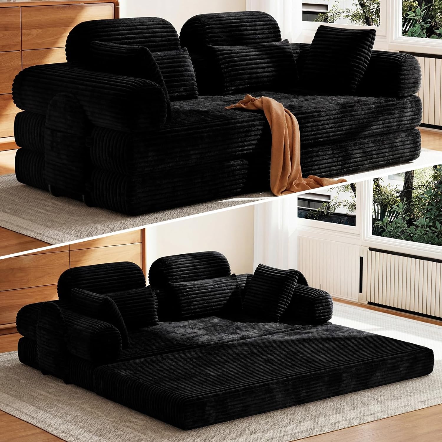 LHMSF14 Schlafsofa mit Schlaffunktion 200cm Bodensofa hohe Rückenlehne Kopfstütze Cord