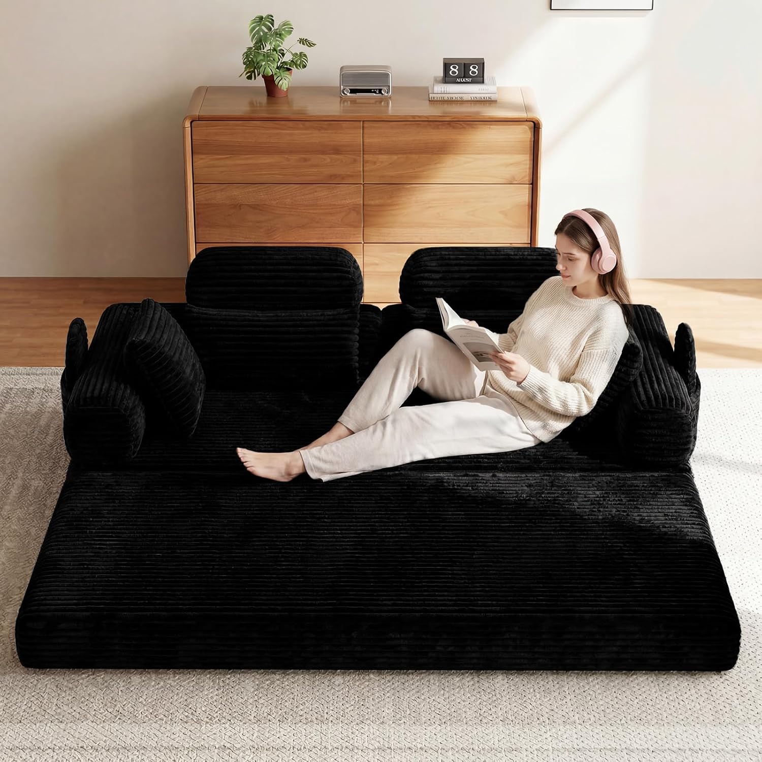 LHMSF14 Schlafsofa mit Schlaffunktion 200cm Bodensofa hohe Rückenlehne Kopfstütze Cord