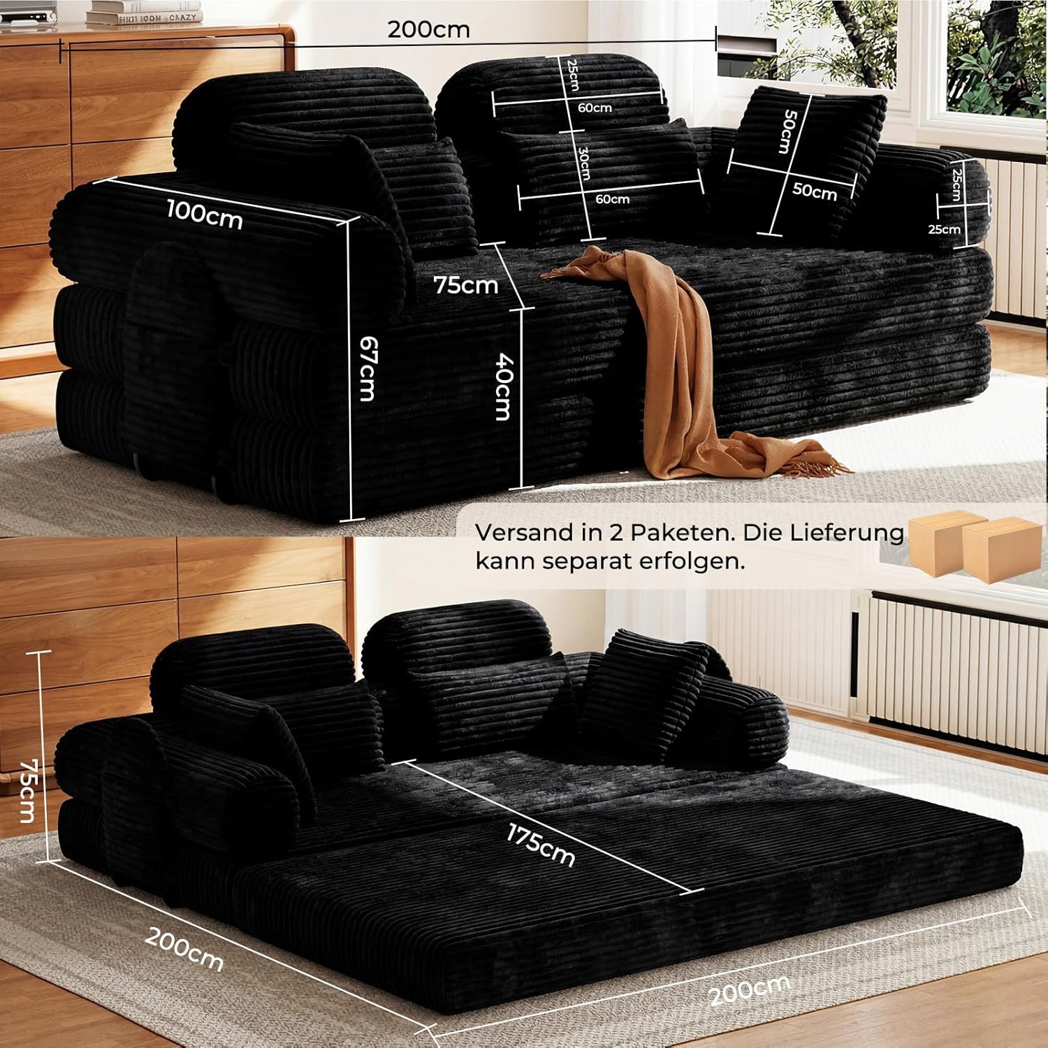 LHMSF14 Schlafsofa mit Schlaffunktion 200cm Bodensofa hohe Rückenlehne Kopfstütze Cord