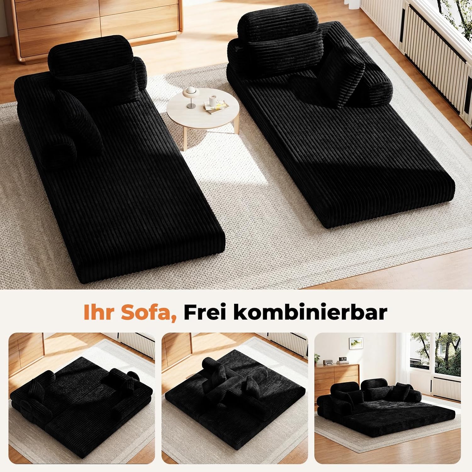 LHMSF14 Schlafsofa mit Schlaffunktion 200cm Bodensofa hohe Rückenlehne Kopfstütze Cord