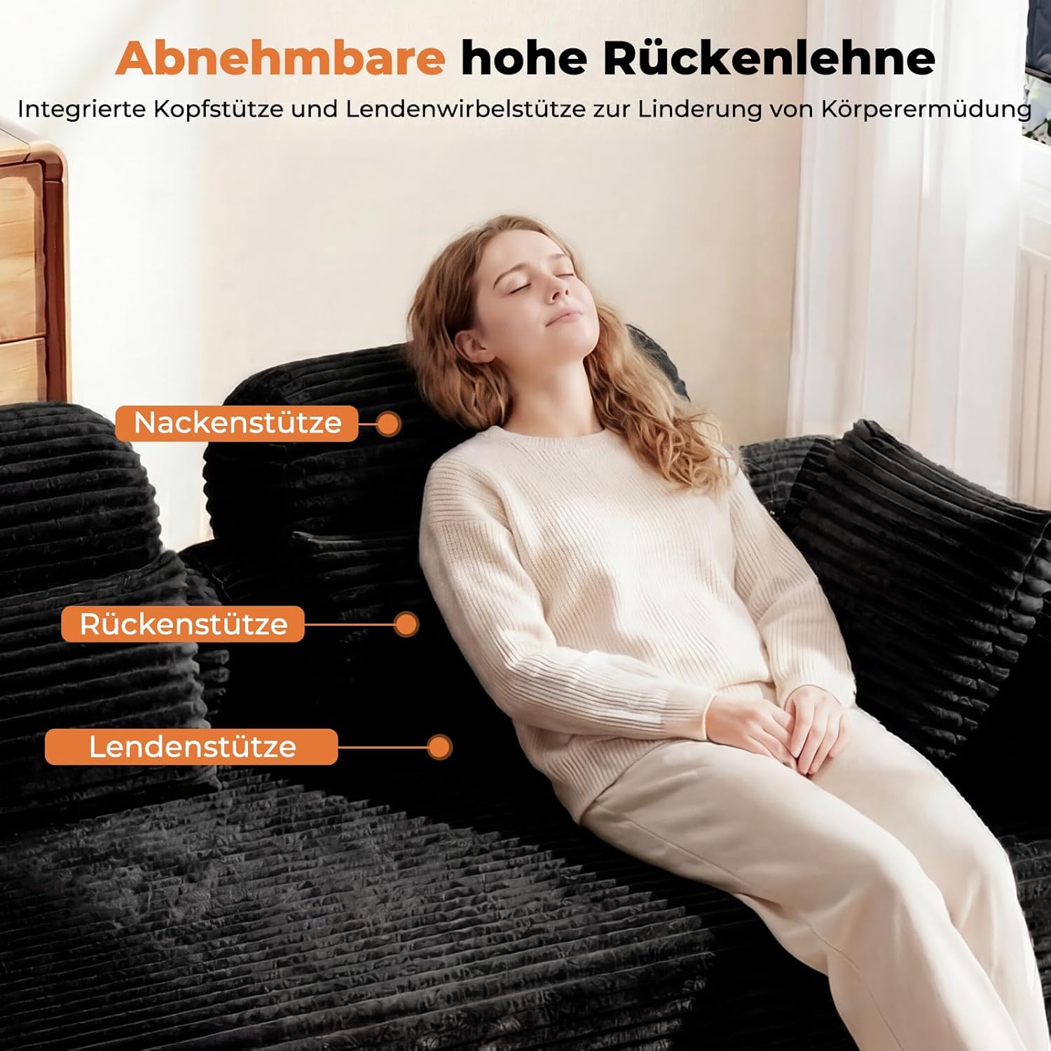 LHMSF14 Schlafsofa mit Schlaffunktion 200cm Bodensofa hohe Rückenlehne Kopfstütze Cord