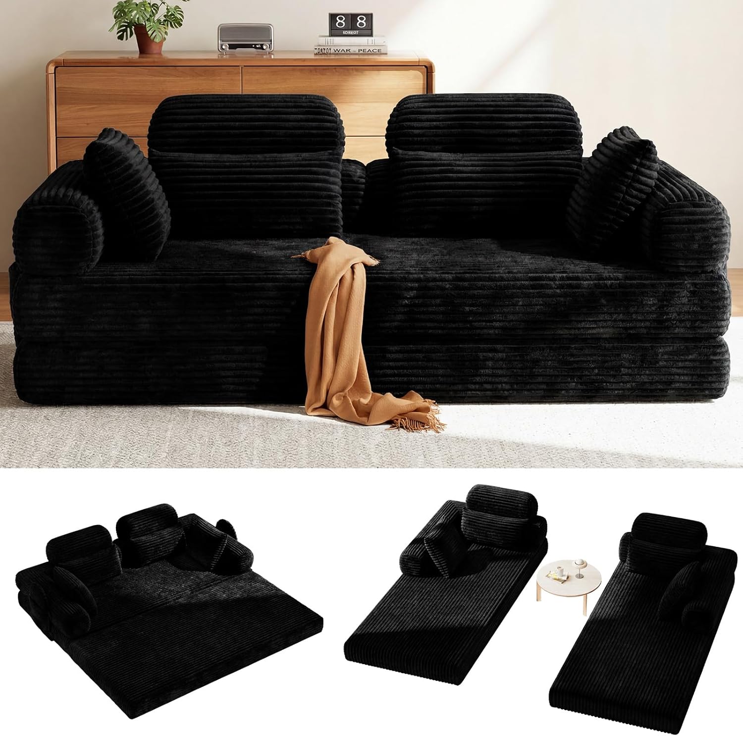 LHMSF14 Schlafsofa mit Schlaffunktion 200cm Bodensofa hohe Rückenlehne Kopfstütze Cord