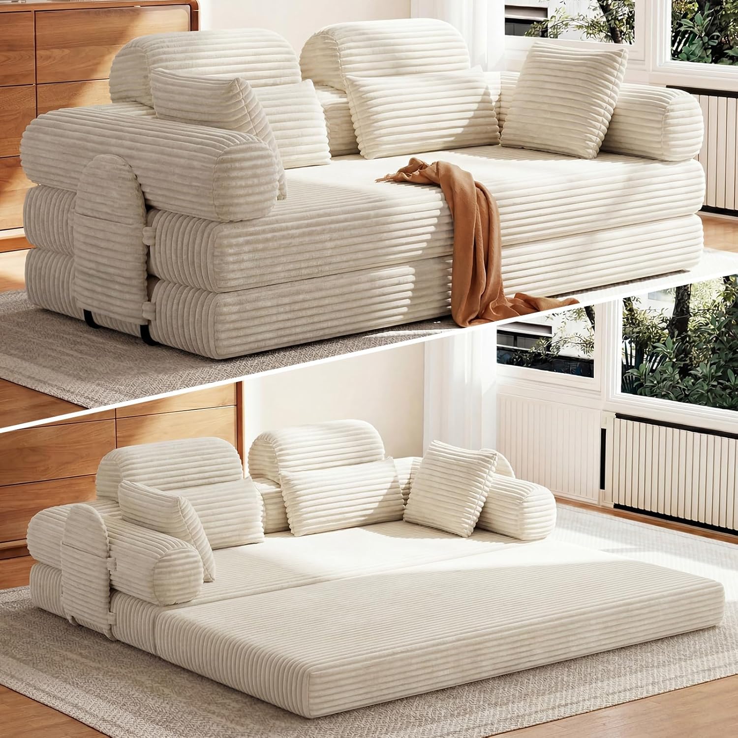 LHMSF14 Schlafsofa mit Schlaffunktion 200cm Bodensofa hohe Rückenlehne Kopfstütze Cord