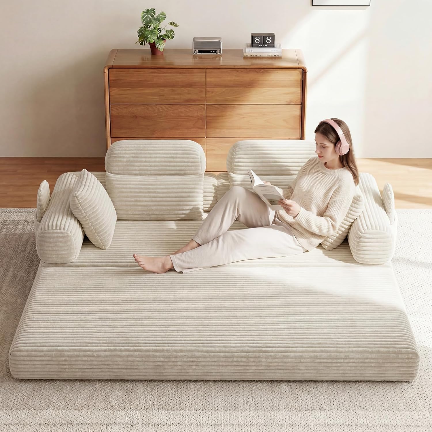 LHMSF14 Schlafsofa mit Schlaffunktion 200cm Bodensofa hohe Rückenlehne Kopfstütze Cord