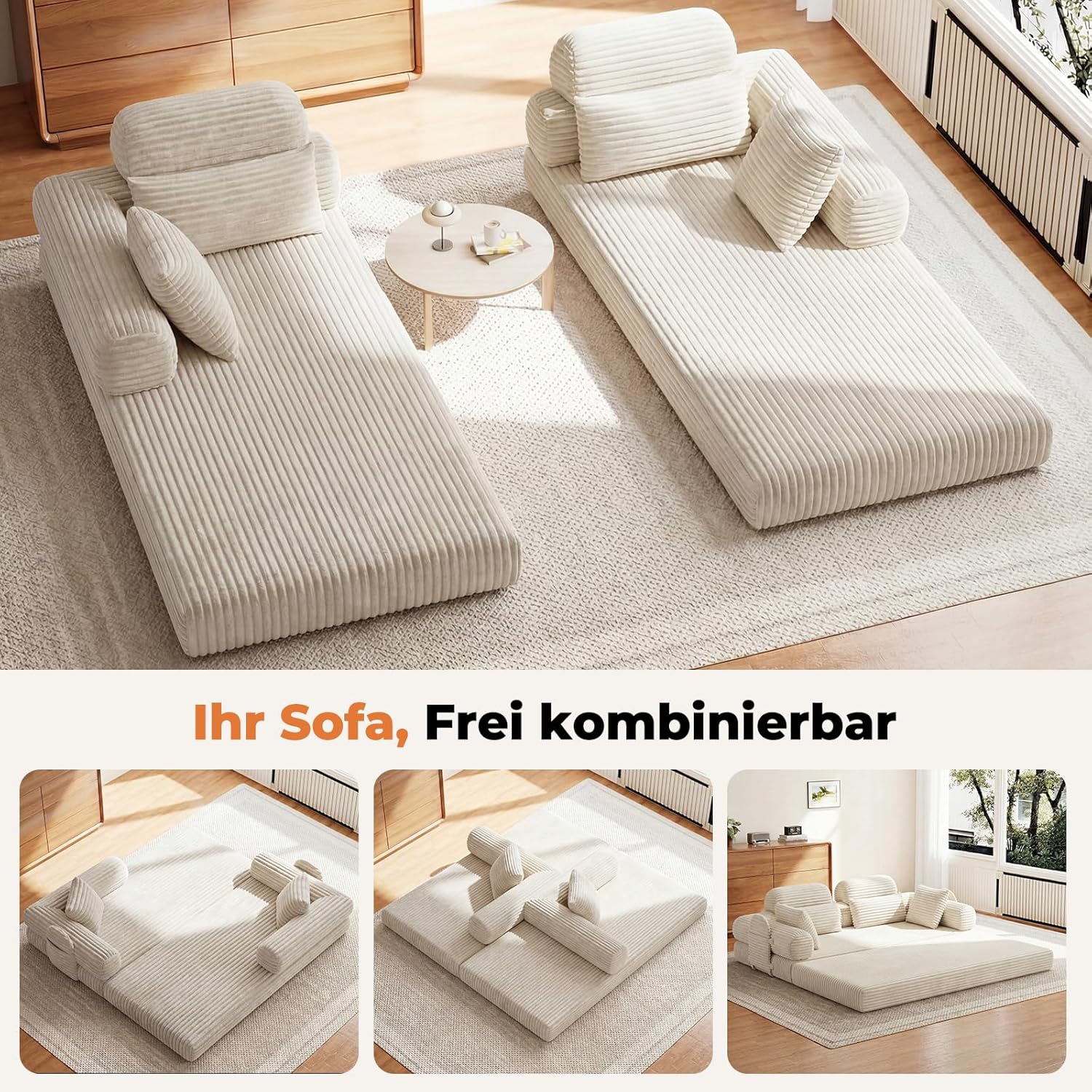 LHMSF14 Schlafsofa mit Schlaffunktion 200cm Bodensofa hohe Rückenlehne Kopfstütze Cord