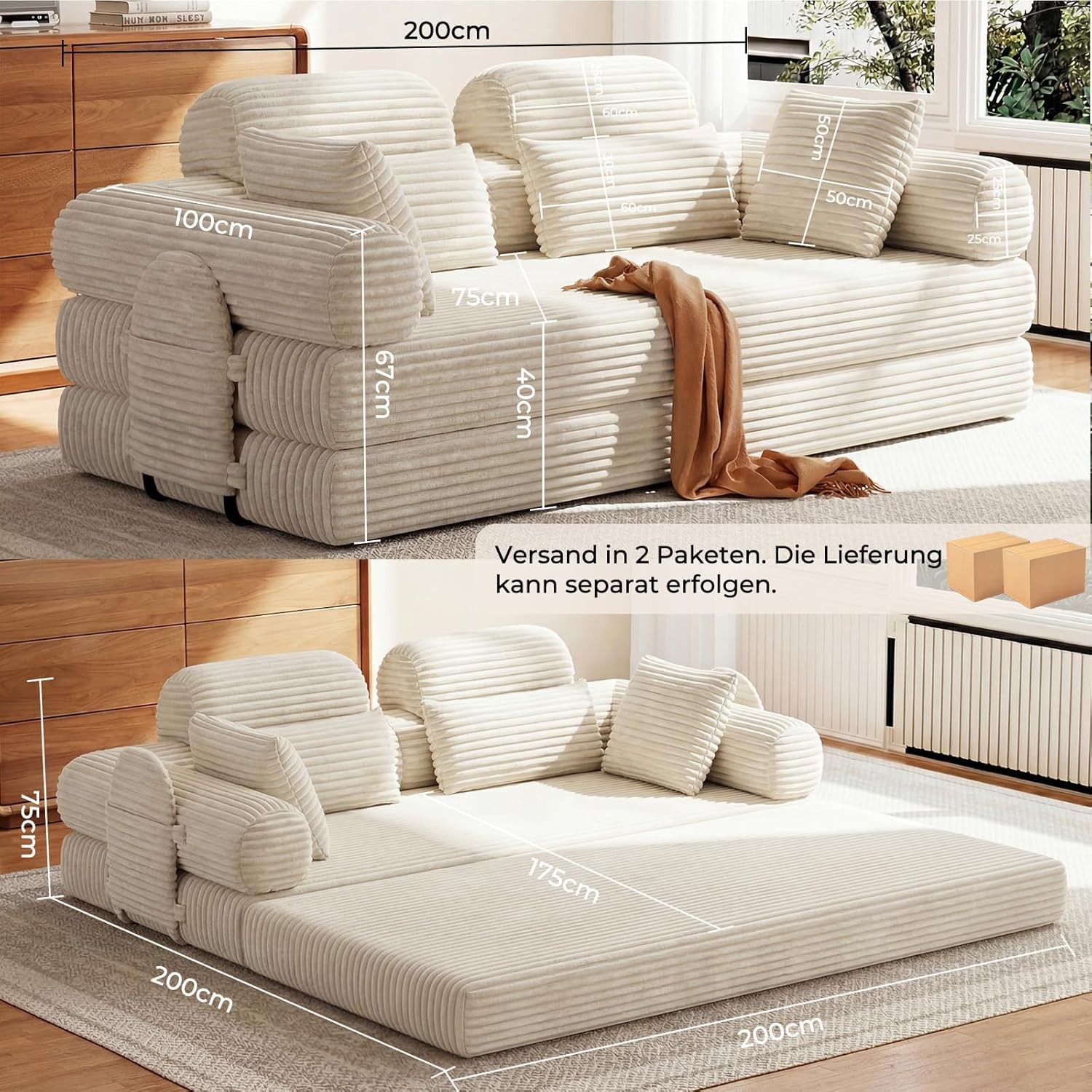 LHMSF14 Schlafsofa mit Schlaffunktion 200cm Bodensofa hohe Rückenlehne Kopfstütze Cord