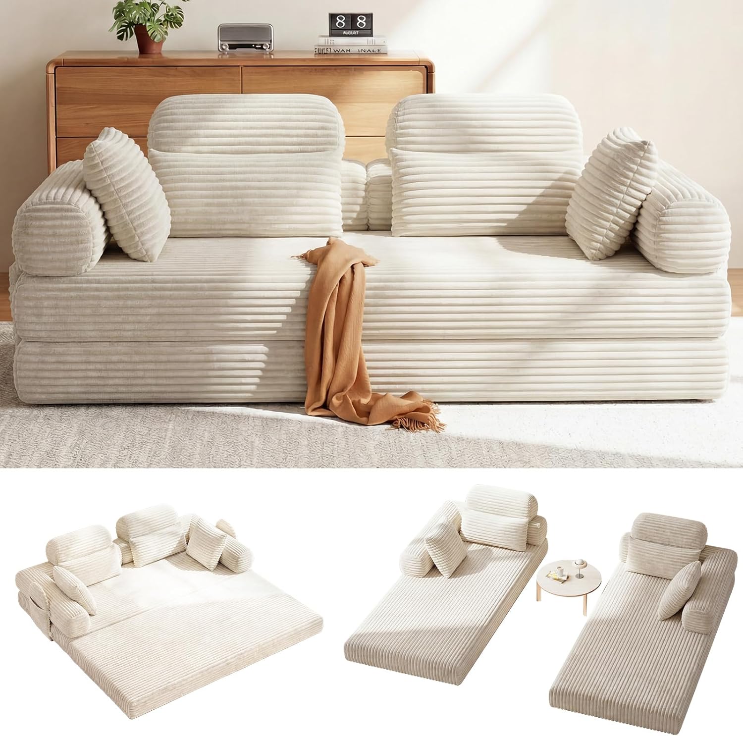 LHMSF14 Schlafsofa mit Schlaffunktion 200cm Bodensofa hohe Rückenlehne Kopfstütze Cord