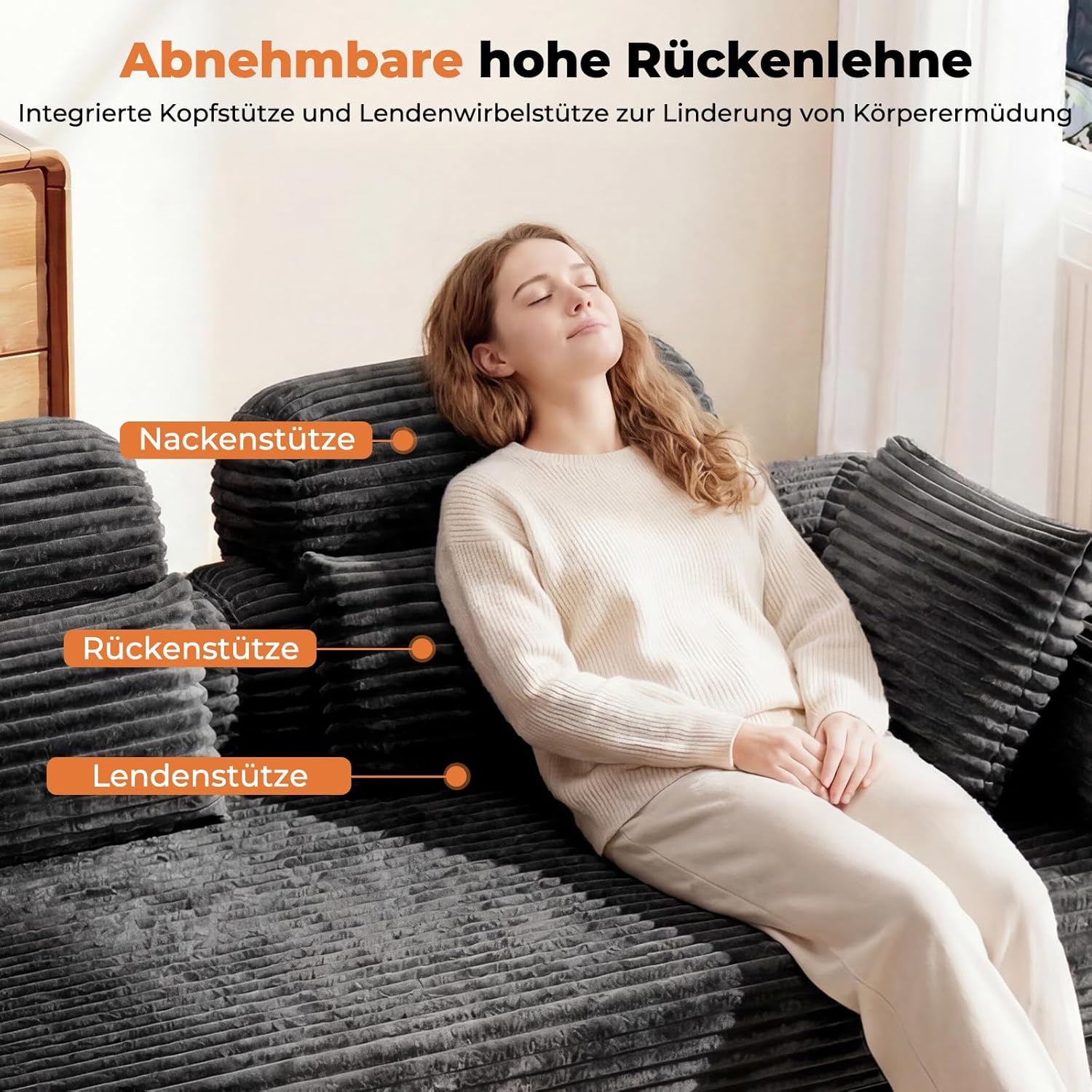 LHMSF14 Schlafsofa mit Schlaffunktion 200cm Bodensofa hohe Rückenlehne Kopfstütze Cord