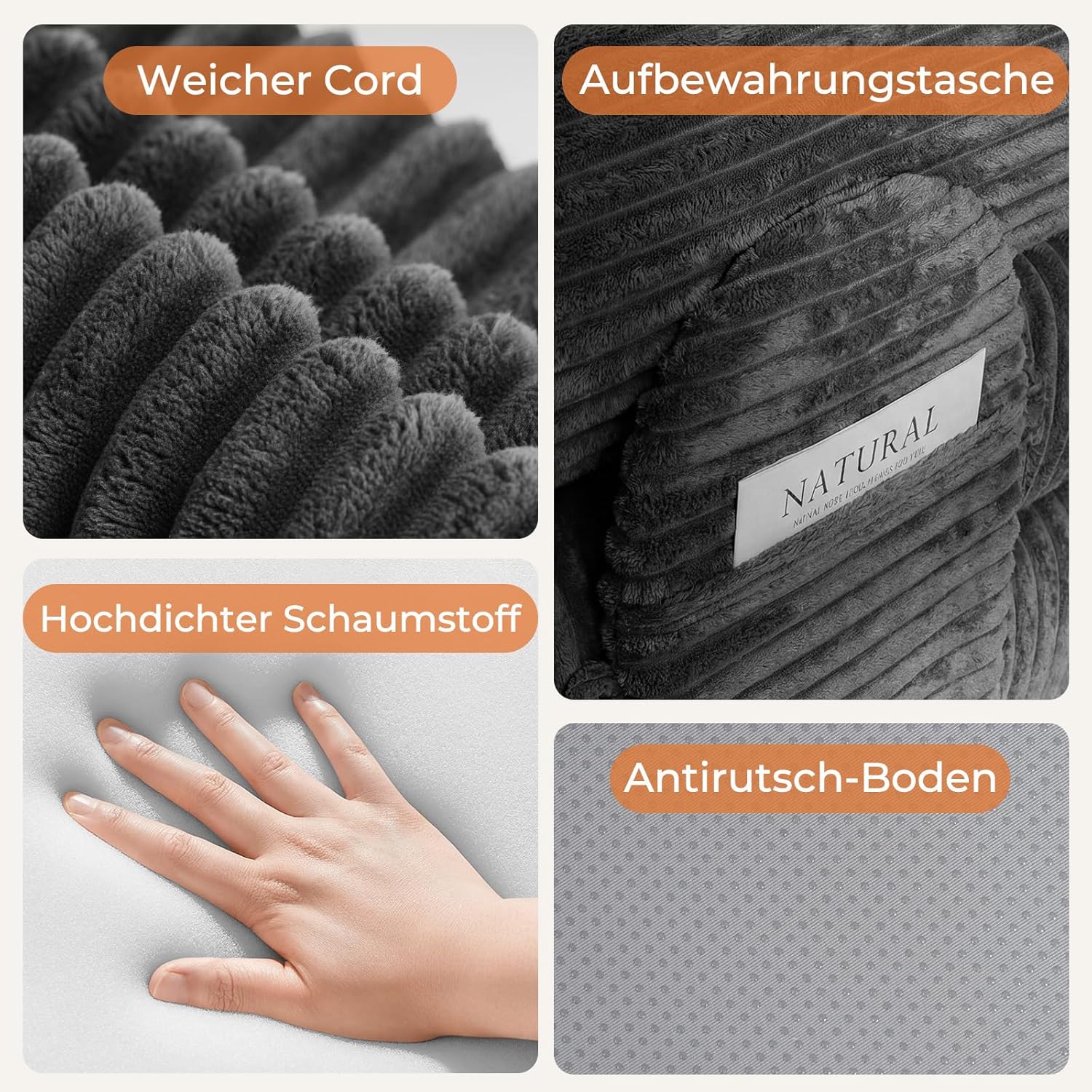 LHMSF14 Schlafsofa mit Schlaffunktion 200cm Bodensofa hohe Rückenlehne Kopfstütze Cord