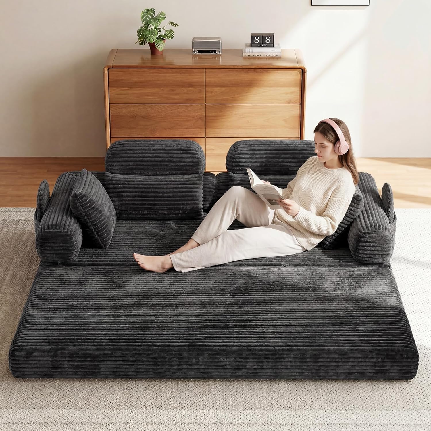 LHMSF14 Schlafsofa mit Schlaffunktion 200cm Bodensofa hohe Rückenlehne Kopfstütze Cord