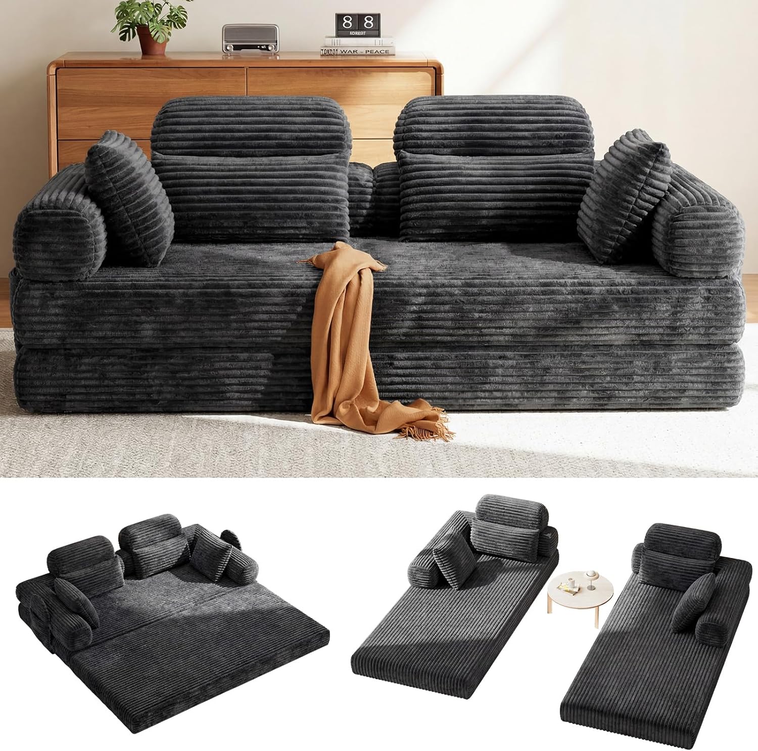 LHMSF14 Schlafsofa mit Schlaffunktion 200cm Bodensofa hohe Rückenlehne Kopfstütze Cord