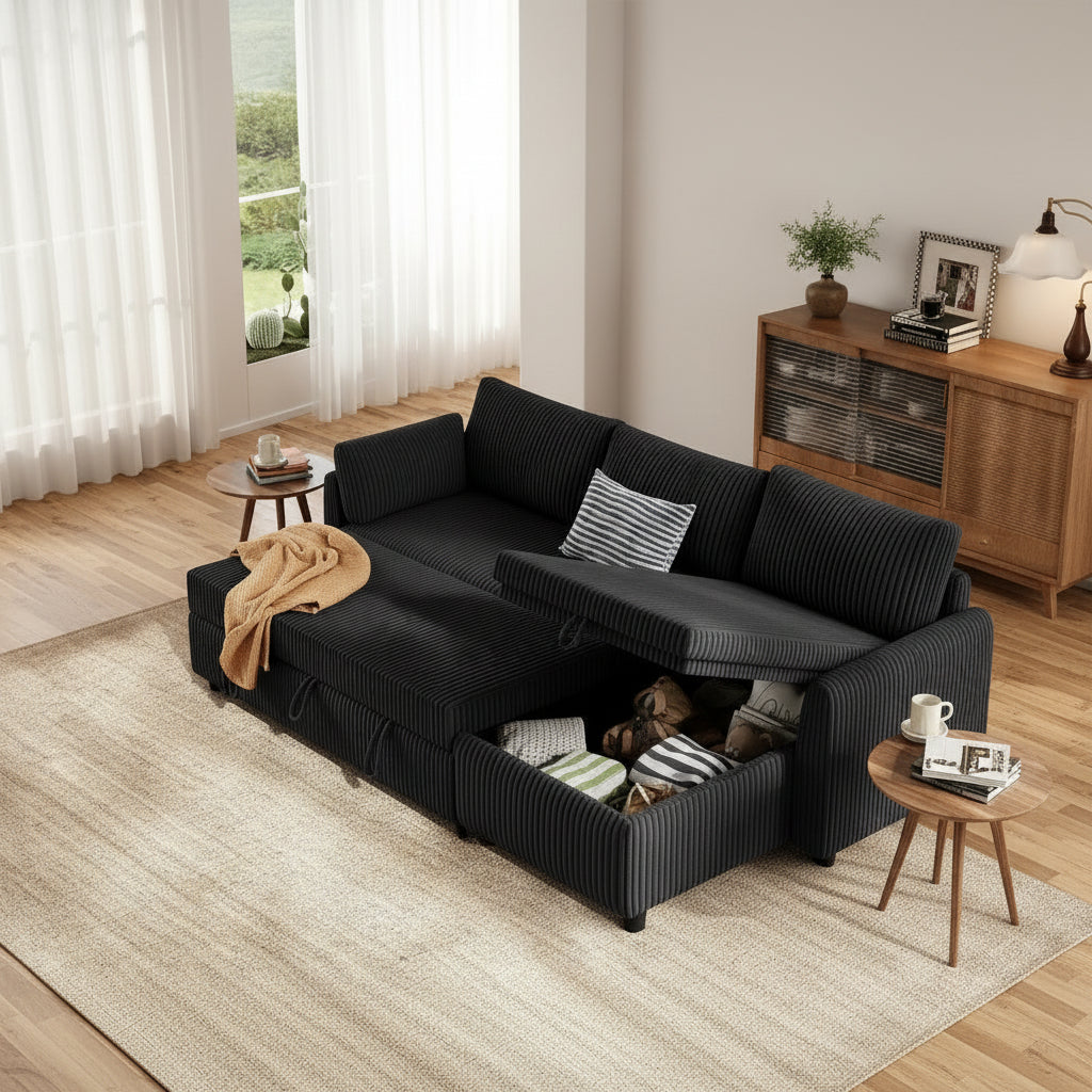 LM07 Ecksofa mit Schlaffunktion Bettkasten Cord Schlafcouch ausziehbar L-Form