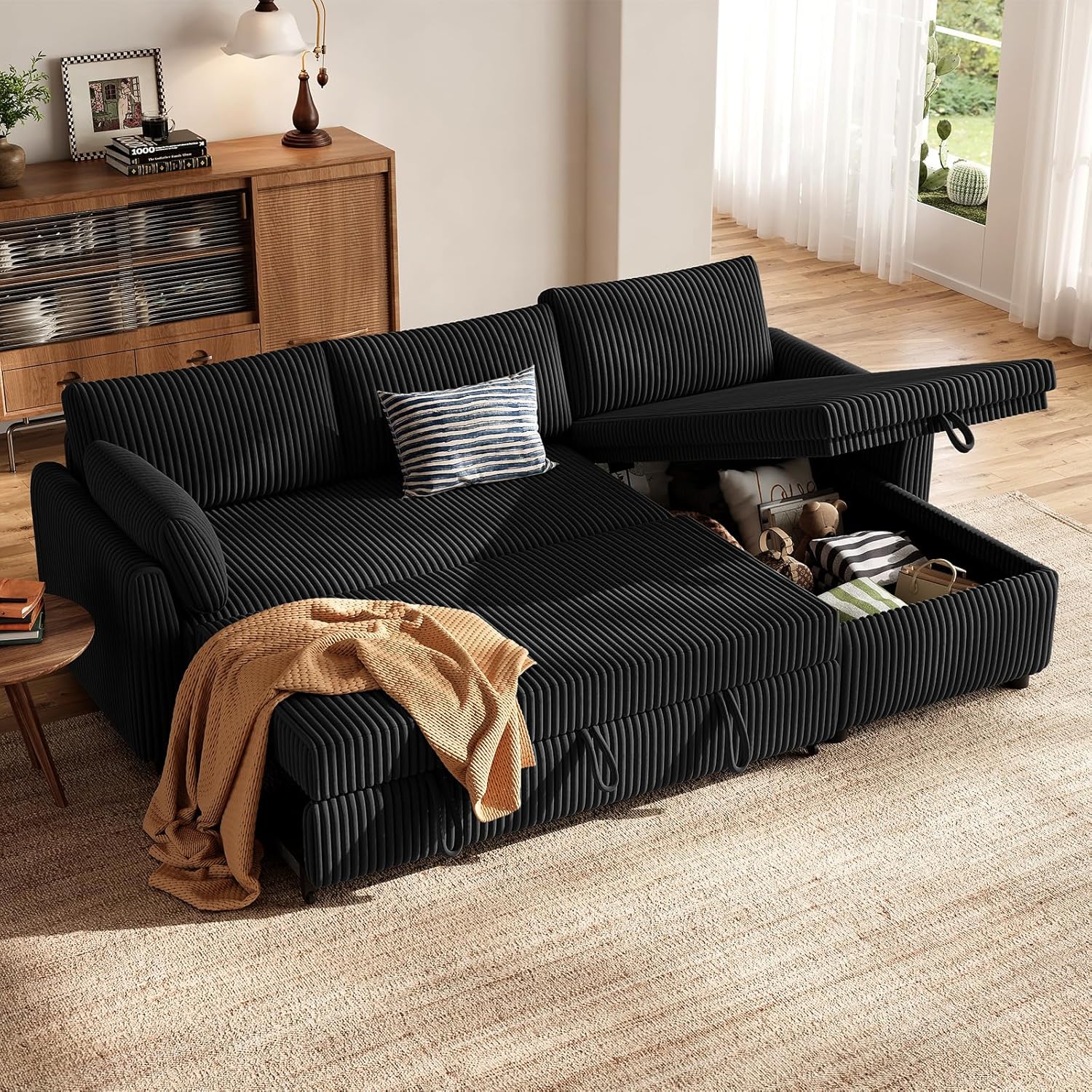 LMJSF07 Ecksofa mit Schlaffunktion Stauraum Cord Schlafsofa ausziehbar L-Form