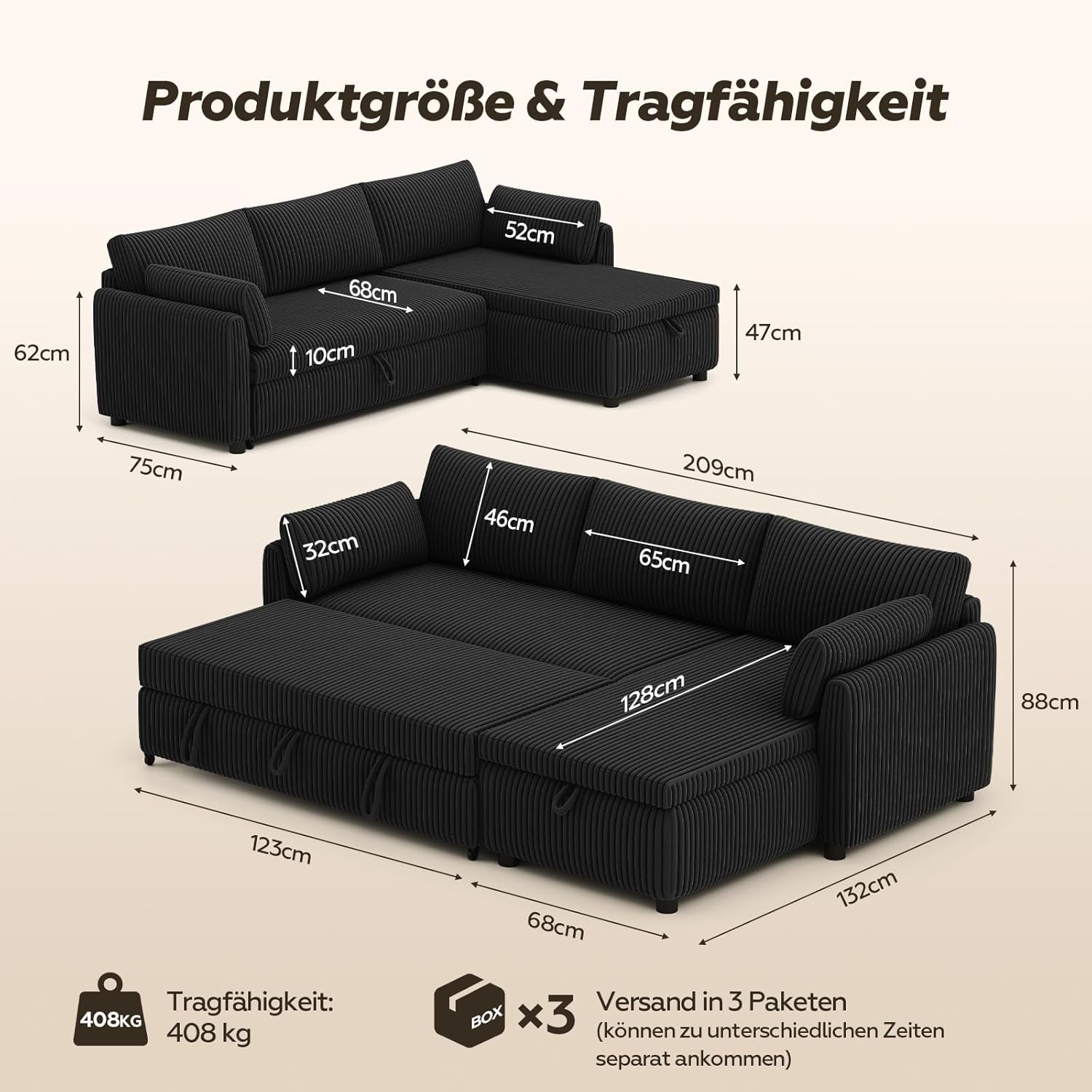 LM07 Ecksofa mit Schlaffunktion Stauraum Cord Schlafsofa ausziehbar L-Form
