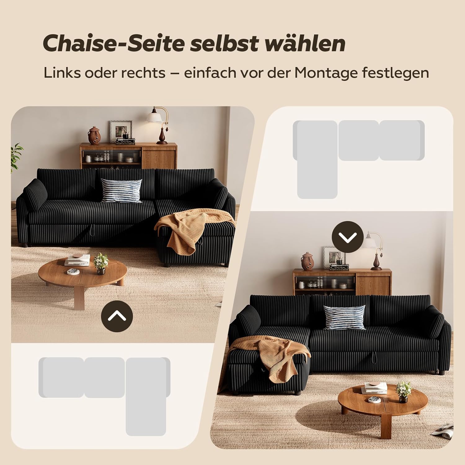 LM07 Ecksofa mit Schlaffunktion Stauraum Cord Schlafsofa ausziehbar L-Form