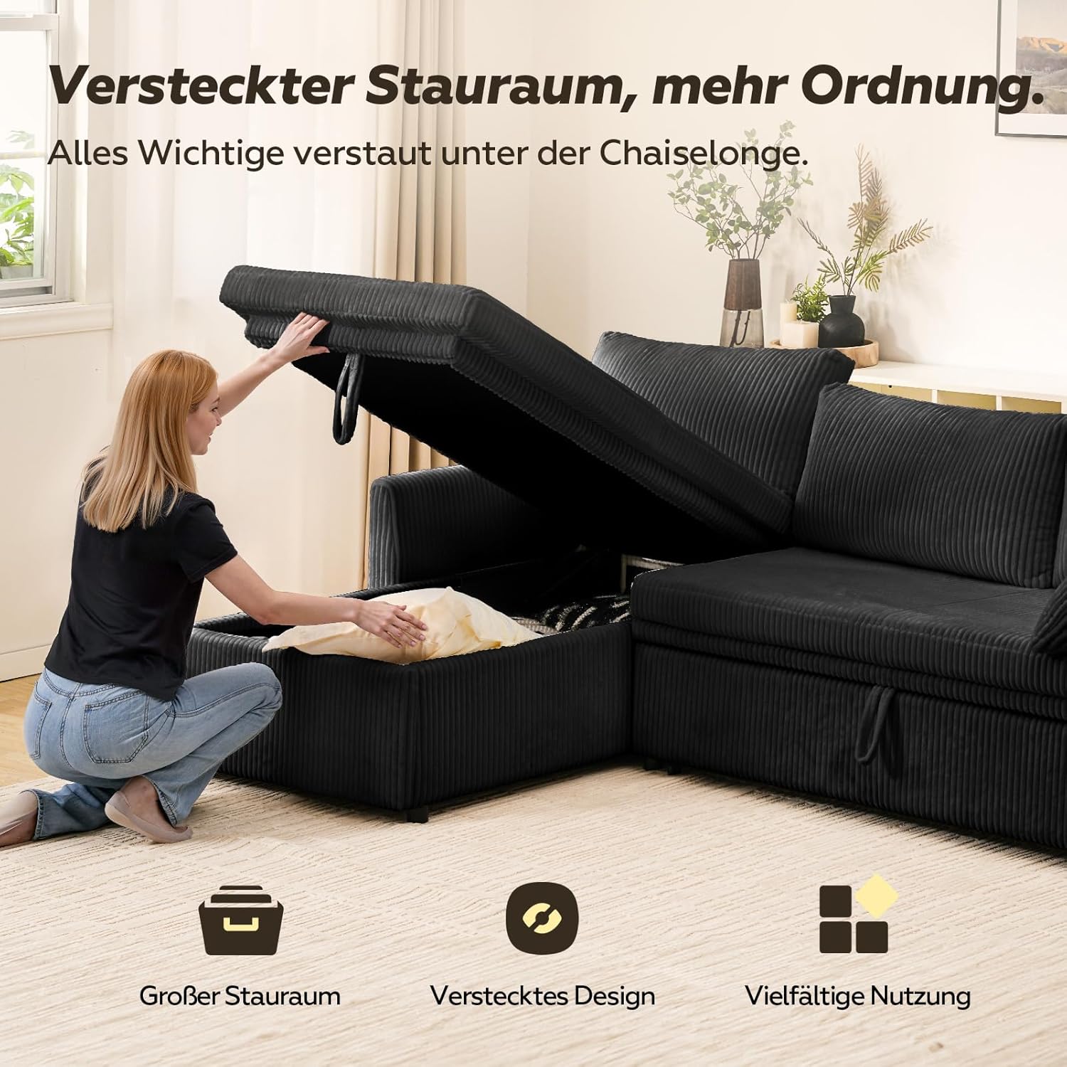 LM07 Ecksofa mit Schlaffunktion Stauraum Cord Schlafsofa ausziehbar L-Form