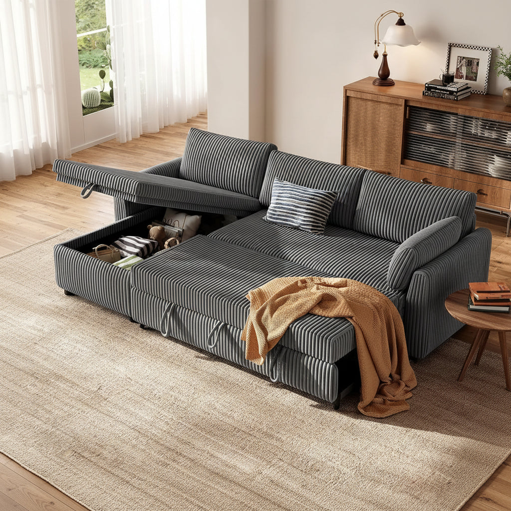 LM07 Ecksofa mit Schlaffunktion Stauraum Cord Schlafsofa ausziehbar L-Form