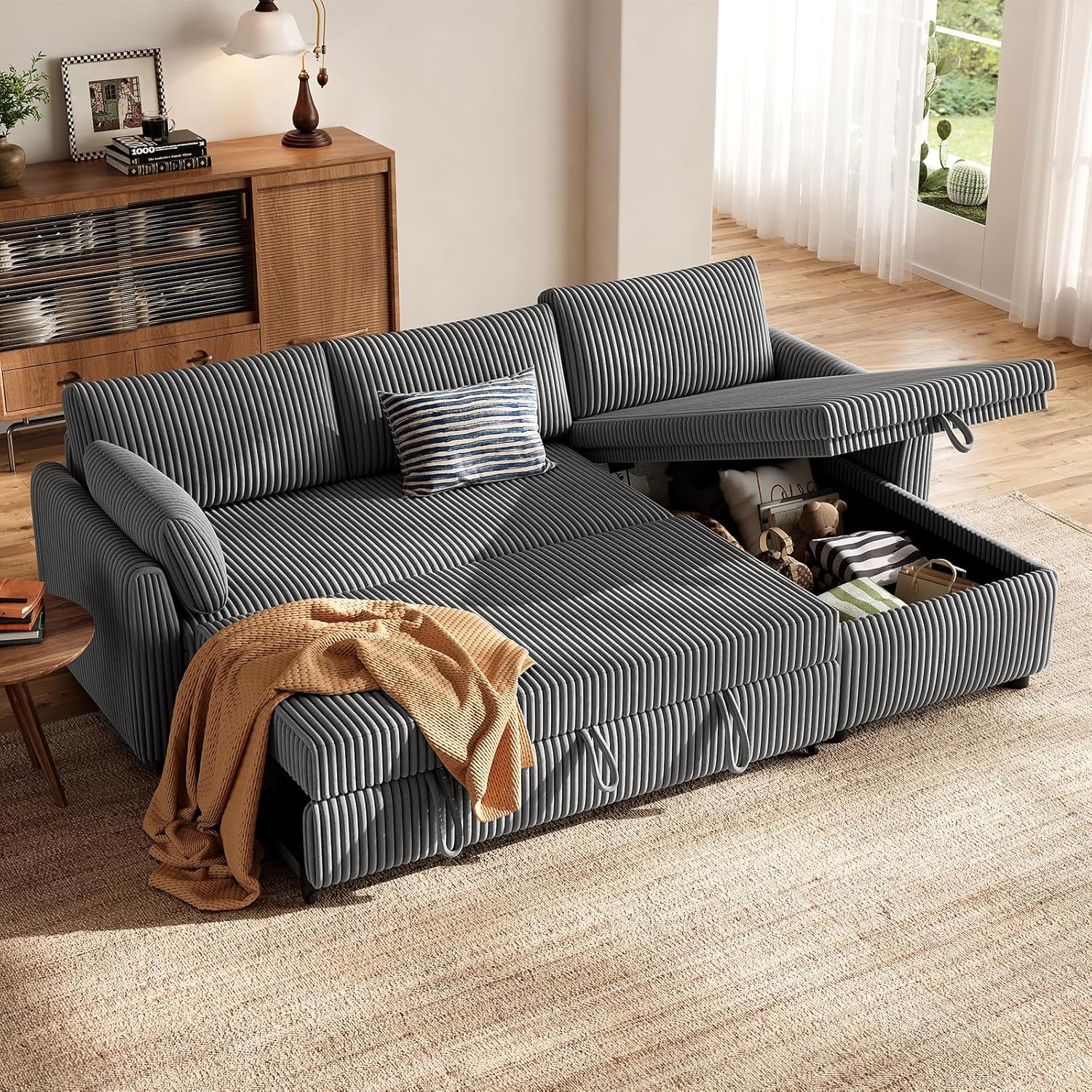 LMJSF07 Ecksofa mit Schlaffunktion Stauraum Cord Schlafsofa ausziehbar L-Form