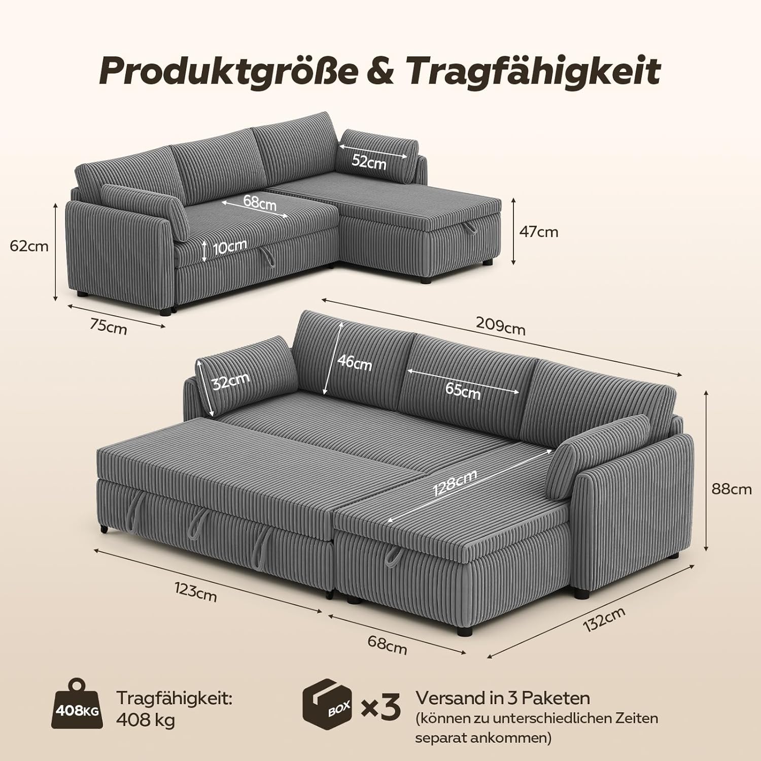 LM07 Ecksofa mit Schlaffunktion Stauraum Cord Schlafsofa ausziehbar L-Form