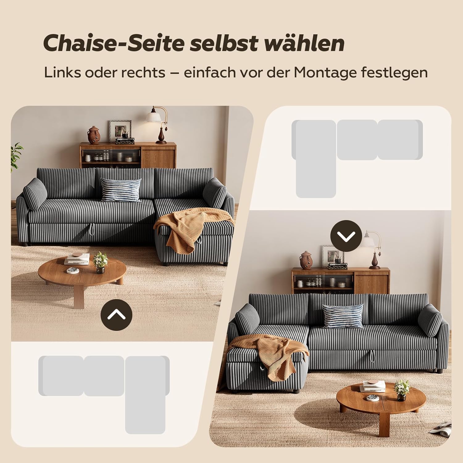 LM07 Ecksofa mit Schlaffunktion Stauraum Cord Schlafsofa ausziehbar L-Form