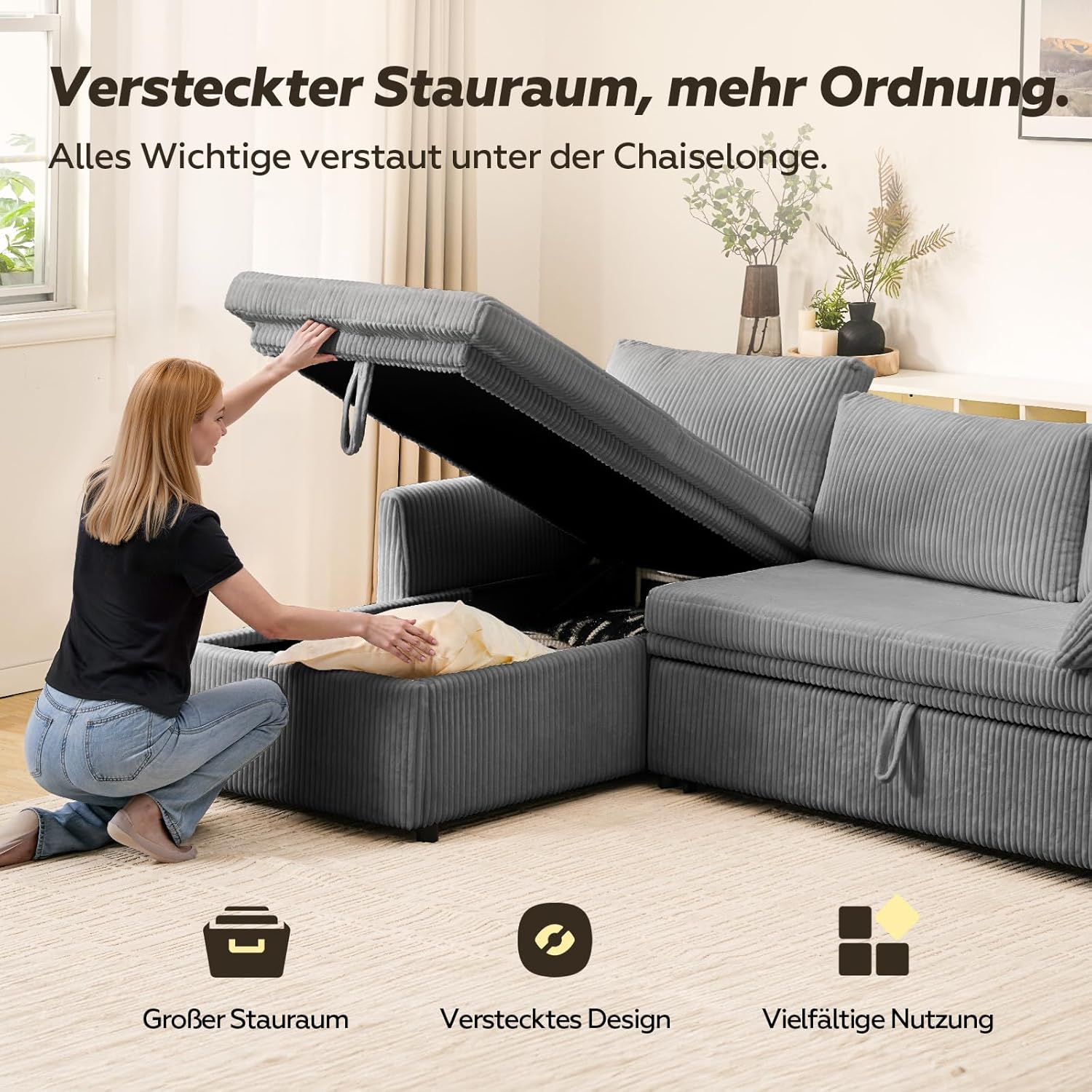 LM07 Ecksofa mit Schlaffunktion Stauraum Cord Schlafsofa ausziehbar L-Form