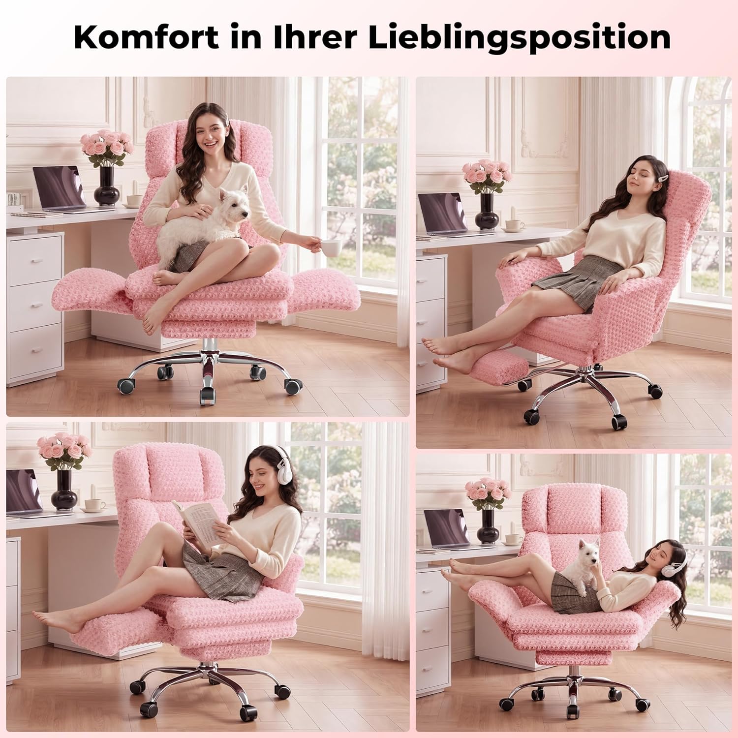 LPTYZ01 Rosa Samt Bürostuhl Extra Breit Schneidersitz Gaming Stuhl mit Fussstütze