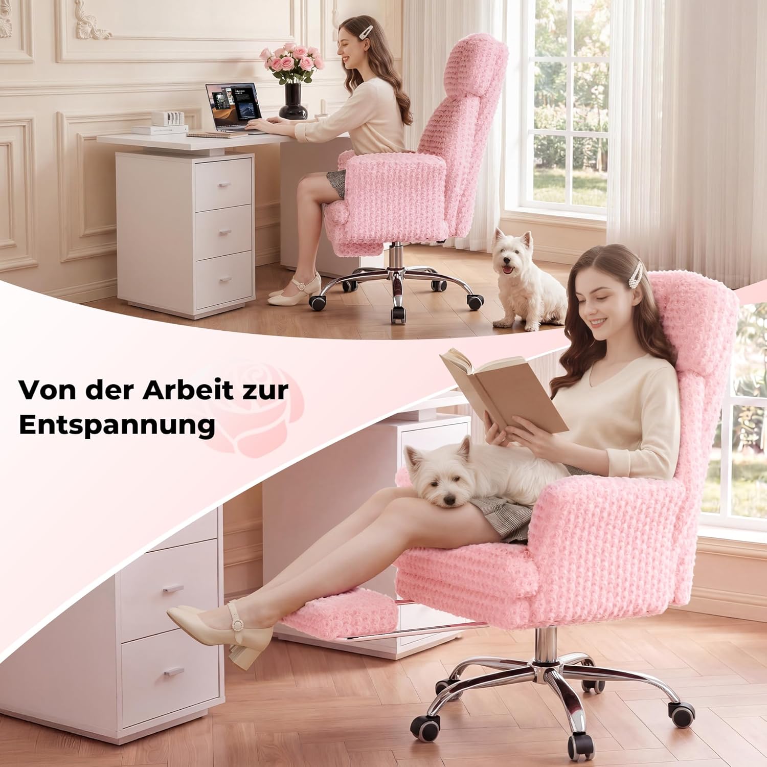 LPTYZ01 Rosa Samt Bürostuhl Extra Breit Schneidersitz Gaming Stuhl mit Fussstütze