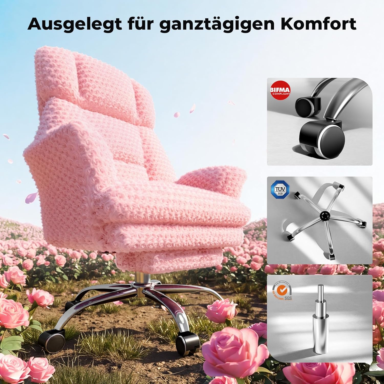 LPTYZ01 Rosa Samt Bürostuhl Extra Breit Schneidersitz Gaming Stuhl mit Fussstütze
