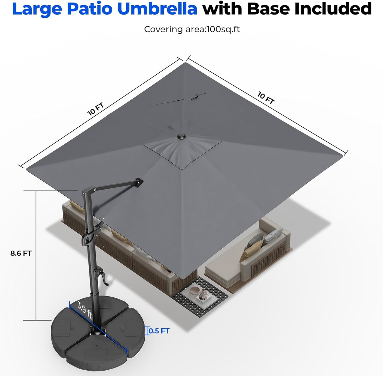 MB01 Ampelschirm 3x3m 360° drehbar windfest mit Sockel Sonnenschirm quadratisch