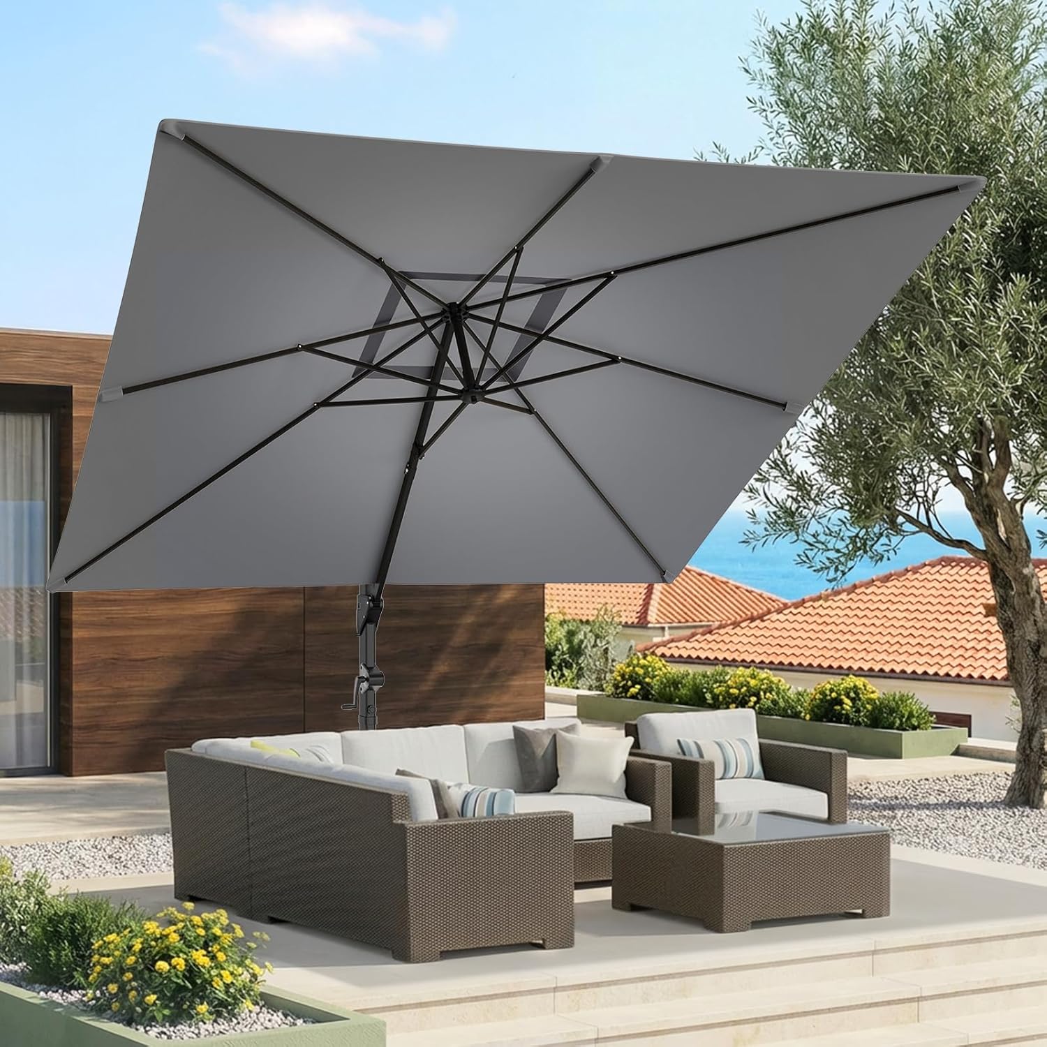 HY31MB Ampelschirm 3x3m 360° drehbar windfest mit Sockel Sonnenschirm quadratisch