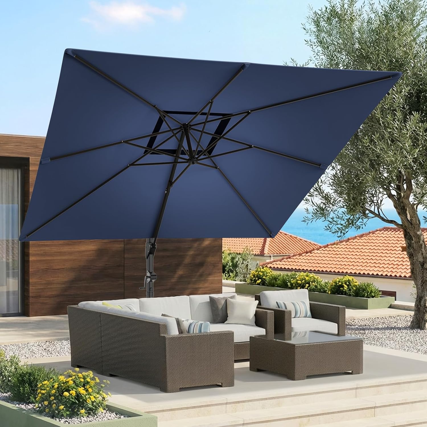 MB01 Ampelschirm 3x3m 360° drehbar windfest mit Sockel Sonnenschirm quadratisch
