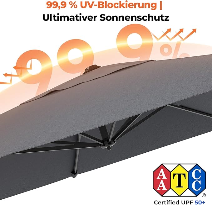 HY31MBE Ampelschirm 3x3m 360° drehbar mit Kurbel windfest mit Ständer Sonnenschirm