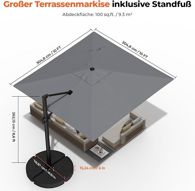 HY31MBE Ampelschirm 3x3m 360° drehbar mit Kurbel windfest mit Ständer Sonnenschirm