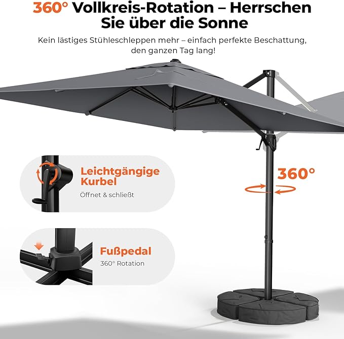 HY31MBE Ampelschirm 3x3m 360° drehbar mit Kurbel windfest mit Ständer Sonnenschirm