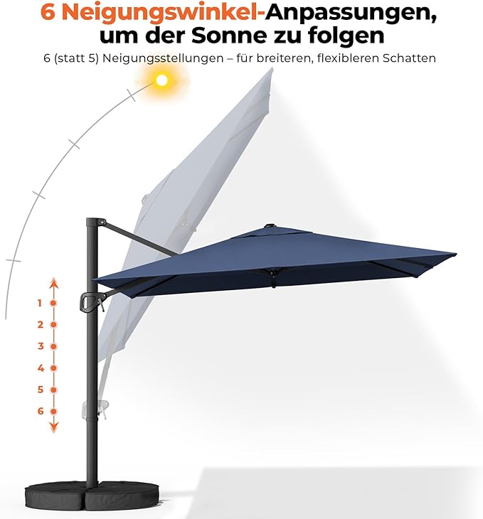 HY31MBE Ampelschirm 3x3m 360° drehbar mit Kurbel windfest mit Ständer Sonnenschirm