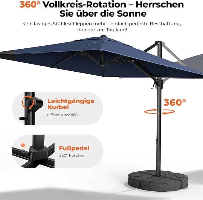 HY31MBE Ampelschirm 3x3m 360° drehbar mit Kurbel windfest mit Ständer Sonnenschirm