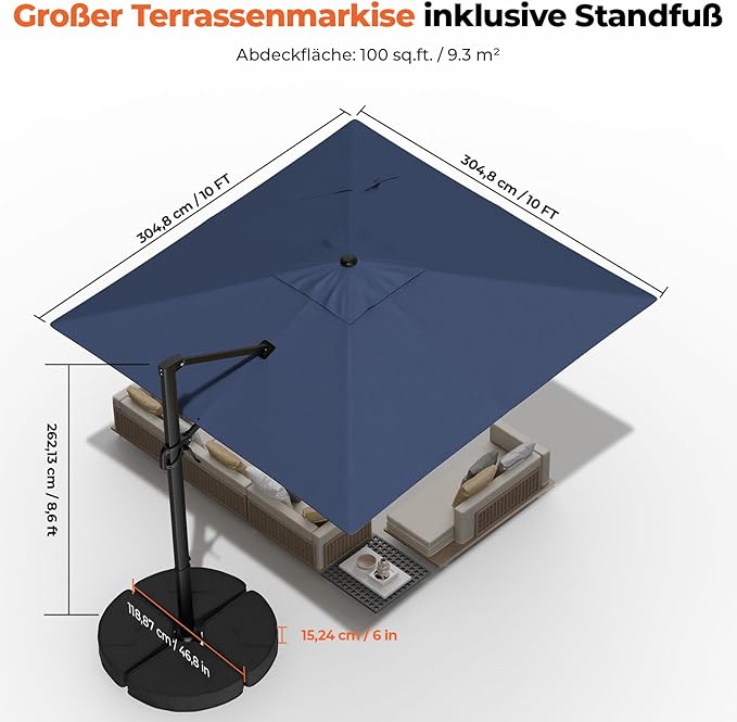 HY31MBE Ampelschirm 3x3m 360° drehbar mit Kurbel windfest mit Ständer Sonnenschirm