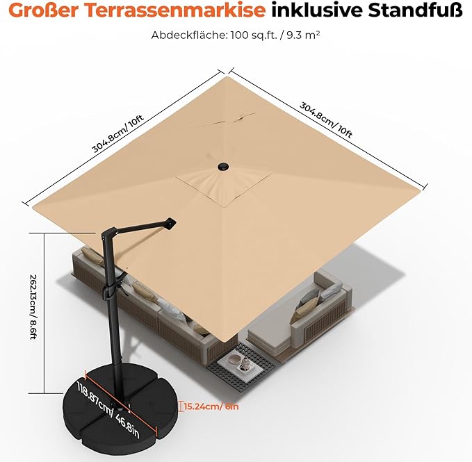 HY31MBE Ampelschirm 3x3m 360° drehbar mit Kurbel windfest mit Ständer Sonnenschirm