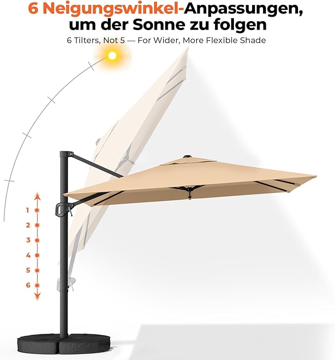 HY31MBE Ampelschirm 3x3m 360° drehbar mit Kurbel windfest mit Ständer Sonnenschirm