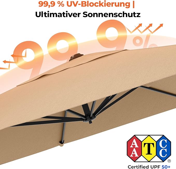 HY31MBE Ampelschirm 3x3m 360° drehbar mit Kurbel windfest mit Ständer Sonnenschirm