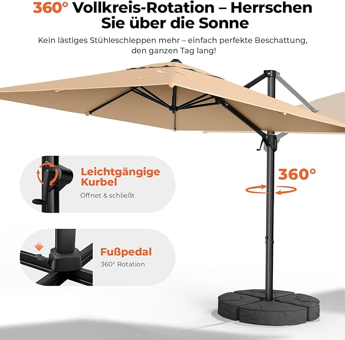 HY31MBE Ampelschirm 3x3m 360° drehbar mit Kurbel windfest mit Ständer Sonnenschirm