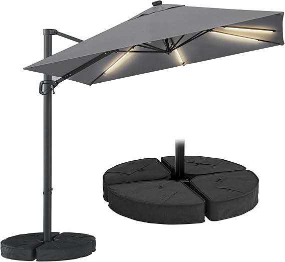 HY31MLSBE Ampelschirm 3x3m Aluminium 360° drehbar mit solar led & Kreuzsockel Gartenschirm Sonnenschirm