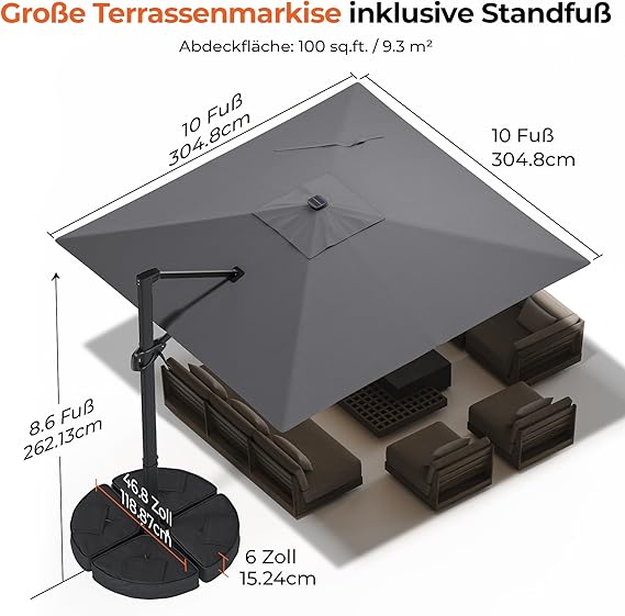 HY31MLSBE Ampelschirm 3x3m Aluminium 360° drehbar mit solar led & Kreuzsockel Gartenschirm Sonnenschirm
