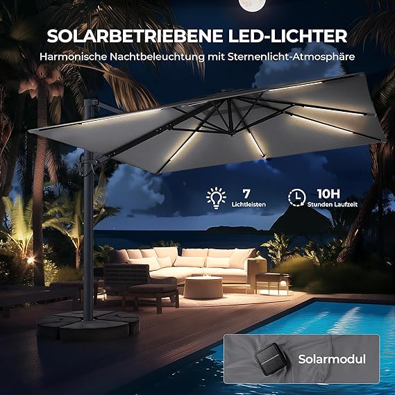 HY31MLSBE Ampelschirm 3x3m Aluminium 360° drehbar mit solar led & Kreuzsockel Gartenschirm Sonnenschirm