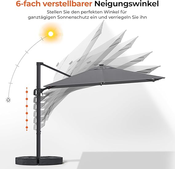 HY31MLSBE Ampelschirm 3x3m Aluminium 360° drehbar mit solar led & Kreuzsockel Gartenschirm Sonnenschirm