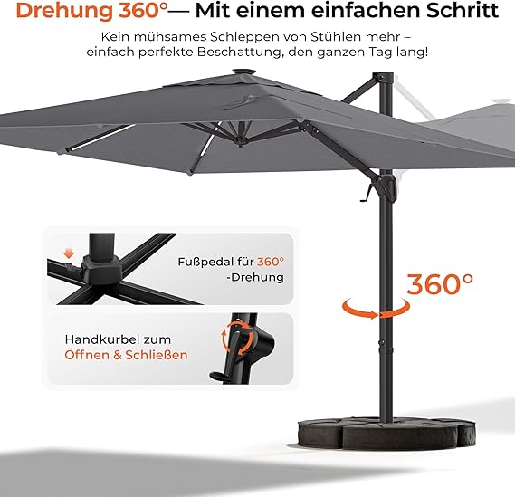 HY31MLSBE Ampelschirm 3x3m Aluminium 360° drehbar mit solar led & Kreuzsockel Gartenschirm Sonnenschirm