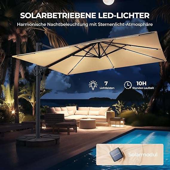 HY31MLSBE Ampelschirm 3x3m Aluminium 360° drehbar mit solar led & Kreuzsockel Gartenschirm Sonnenschirm