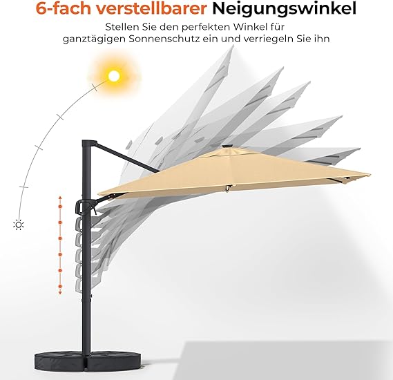HY31MLSBE Ampelschirm 3x3m Aluminium 360° drehbar mit solar led & Kreuzsockel Gartenschirm Sonnenschirm