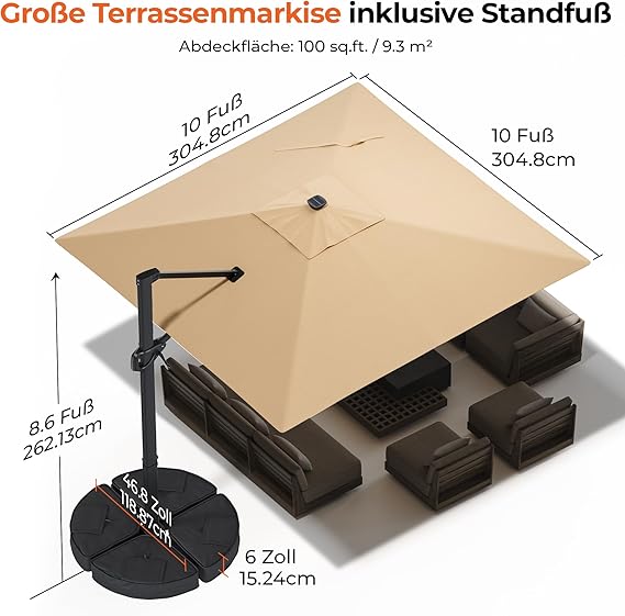 HY31MLSBE Ampelschirm 3x3m Aluminium 360° drehbar mit solar led & Kreuzsockel Gartenschirm Sonnenschirm