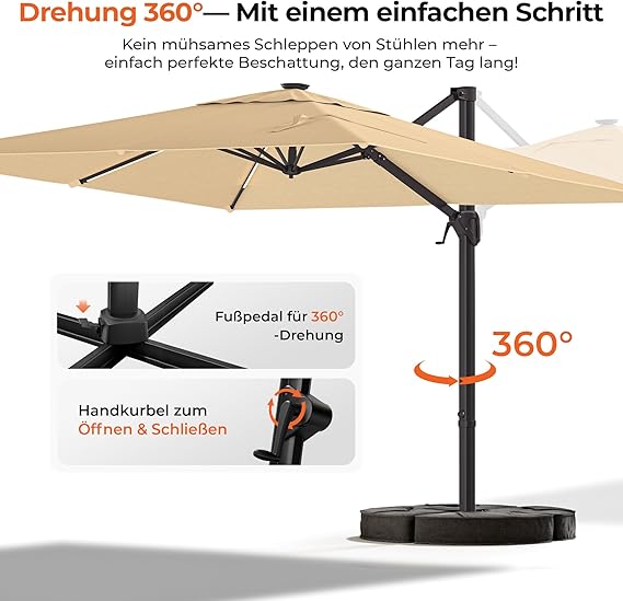 HY31MLSBE Ampelschirm 3x3m Aluminium 360° drehbar mit solar led & Kreuzsockel Gartenschirm Sonnenschirm